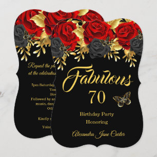 Fabulous 70th Birthday Red Black Rose Butterfly Invitation