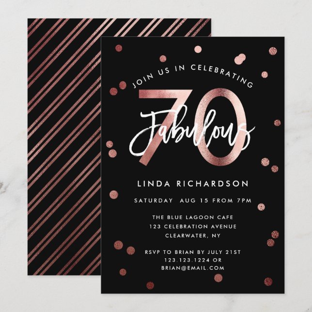Fabulous 70th | Elegant Rose Gold Birthday Party Invitation (Front/Back)