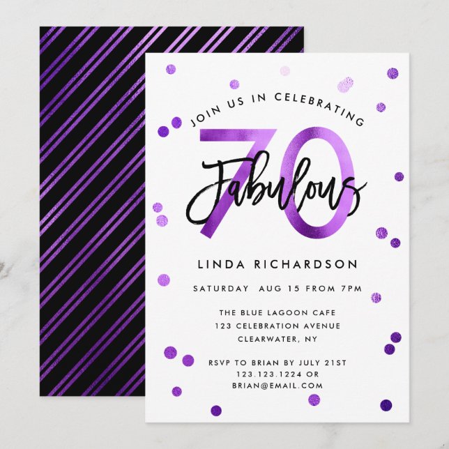 Fabulous 70th | Modern Chic Purple Birthday Party Invitation (Front/Back)