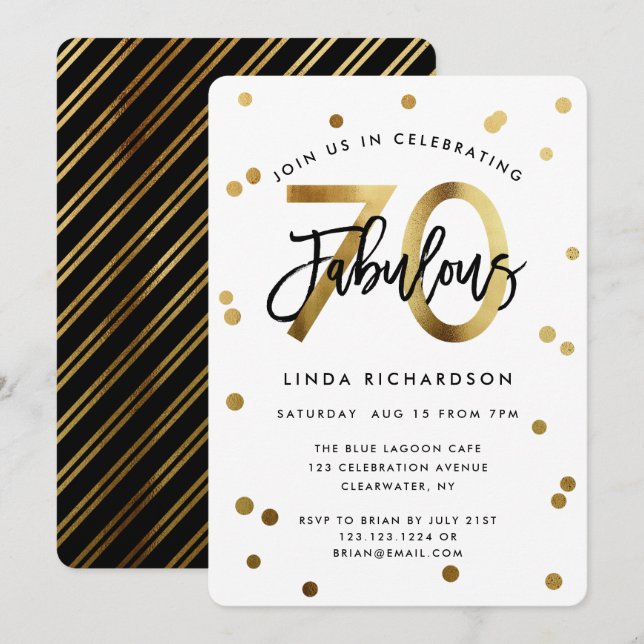 Fabulous 70th | Modern Elegant Gold Birthday Party Invitation (Front/Back)