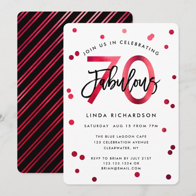 Fabulous 70th | Modern Elegant Red Birthday Party Invitation (Front/Back)