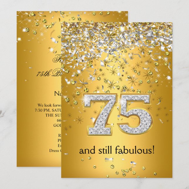 Fabulous 75 Gold Silver Streamers 75th Birthday In Invitation (Front/Back)