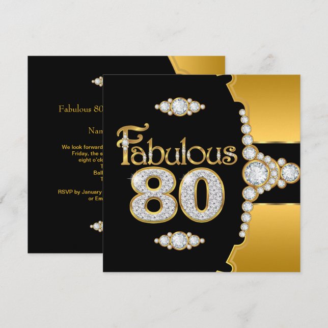 Fabulous 80 80th Birthday Gold Black Diamond Invitation (Front/Back)