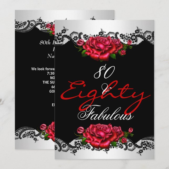 Fabulous 80 80th Birthday Party Red Roses White Invitation (Front/Back)