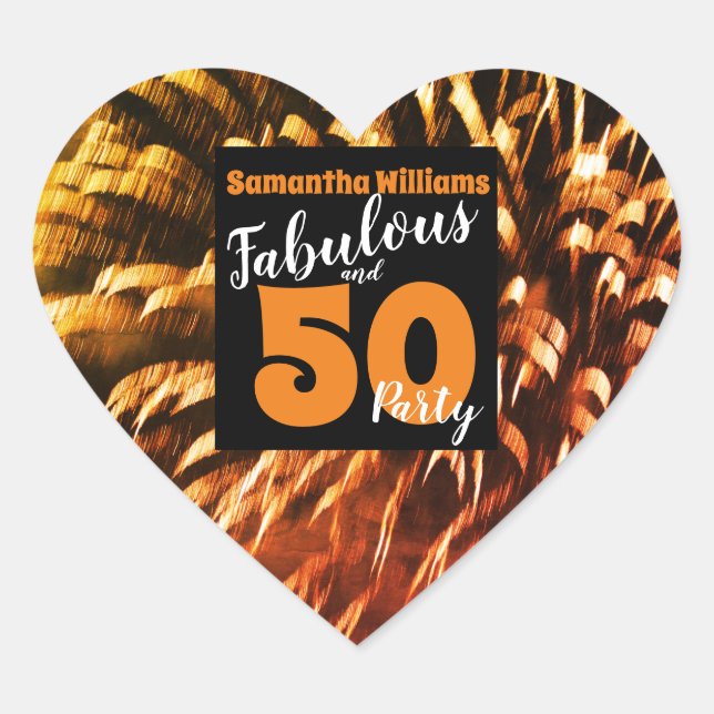Fabulous and 50 Groovy Orange Firewworks Heart Sticker (Front)