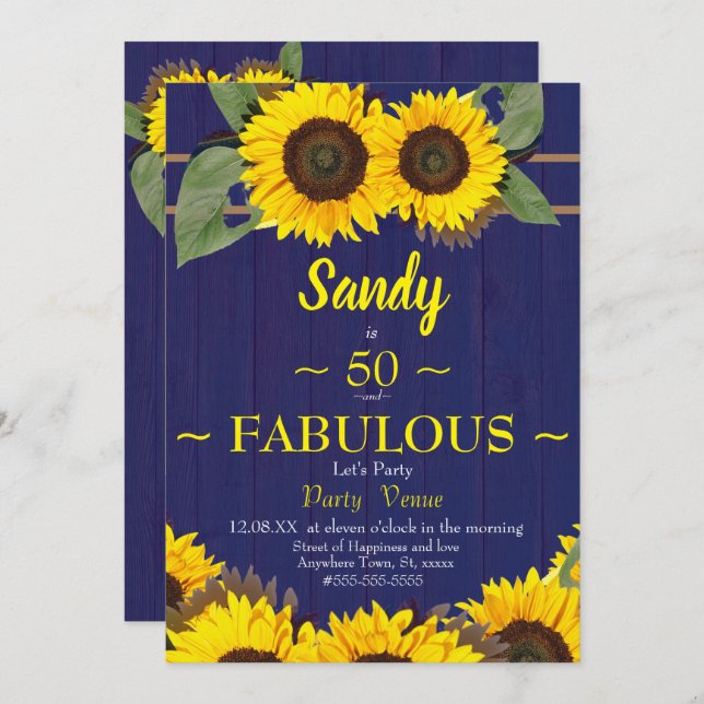 Fabulous and Fifty Birthday Modern Blue Sunflower Invitation (Front/Back)