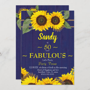 Fabulous and Fifty Birthday Modern Blue Sunflower Invitation