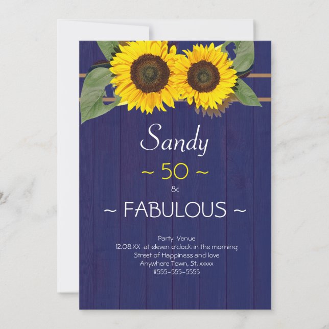 Fabulous and Fifty Birthday Modern Blue Sunflower Invitation (Front)