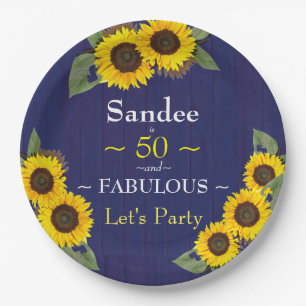 Fabulous and Fifty Birthday Modern Blue Sunflower Paper Plate