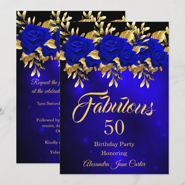 Fabulous Any Age Birthday Blue Rose Gold Invitation (Front/Back)
