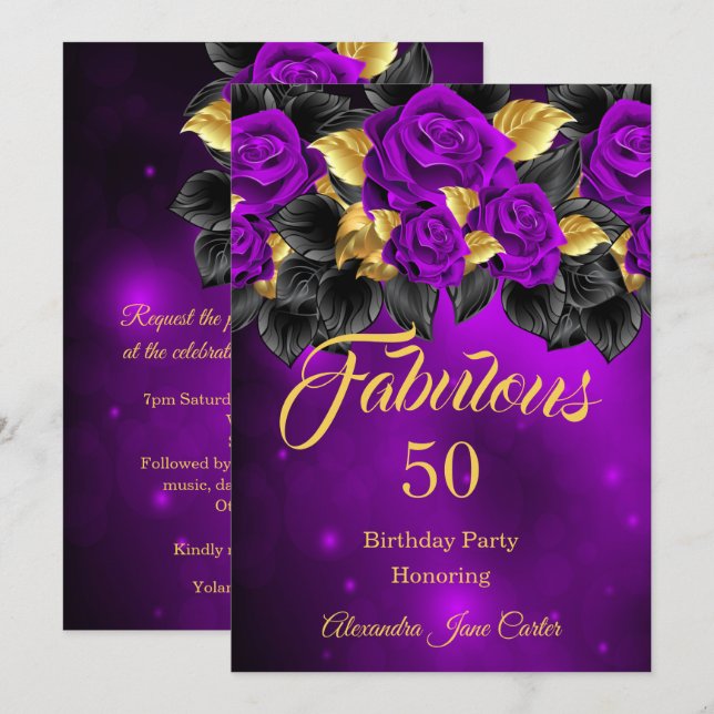 Fabulous Any Age Birthday Purple Rose Gold Invitation (Front/Back)