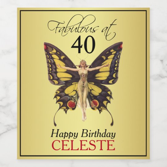 Fabulous at 40 Vintage Flapper Butterfly Wine Label