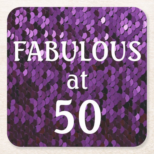 Fabulous at 50 Purple Mermaid Scales Birthday Squa Square Paper Coaster (Front)