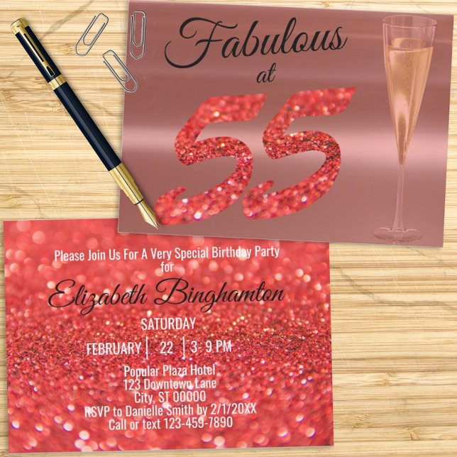 Fabulous at 55 Birthday Coral Glitter Party Invitation (Creator Uploaded)