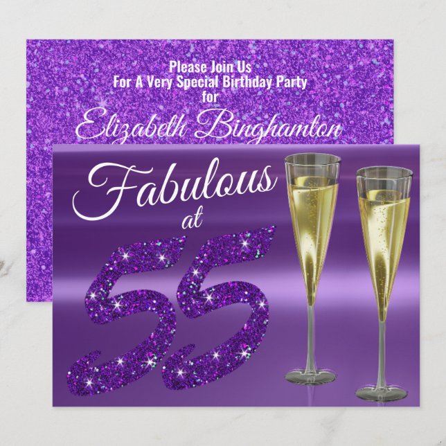 Fabulous at 55 Girly Birthday Purple Glitter Party Invitation (Front/Back)