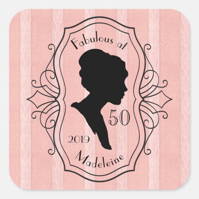 Fabulous at Fifty Cameo Lady Silhouette Dusty Pink Square Sticker (Front)