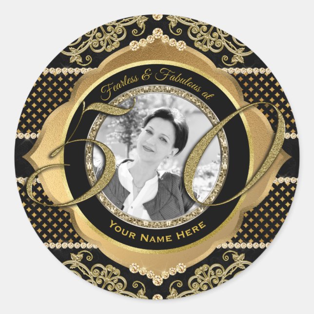 Fabulous at Fifty Gold Diamonds Black Photo Frame Classic Round Sticker (Front)
