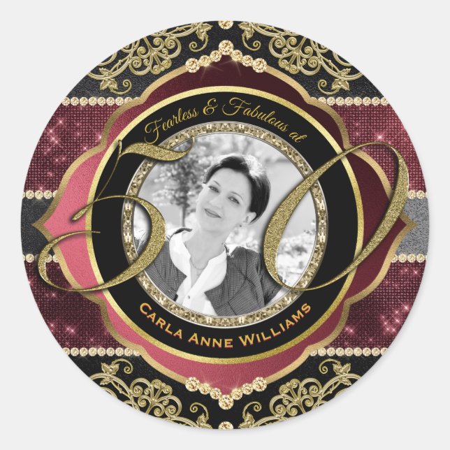 Fabulous at Fifty Gold Ruby Diamonds Photo Frame Classic Round Sticker (Front)