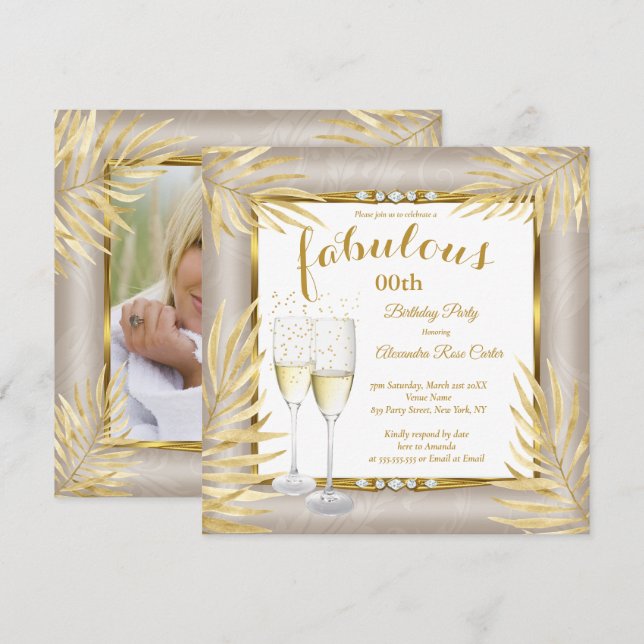 Fabulous Beige Gold Palms Champagne Party Invitation (Front/Back)