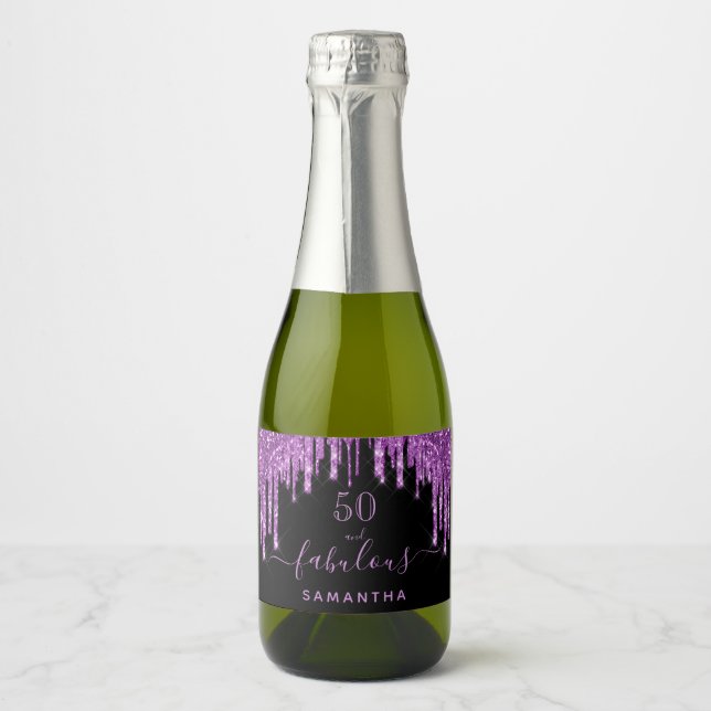 Fabulous birthday black purple glitter elegant 50 sparkling wine label (Front)