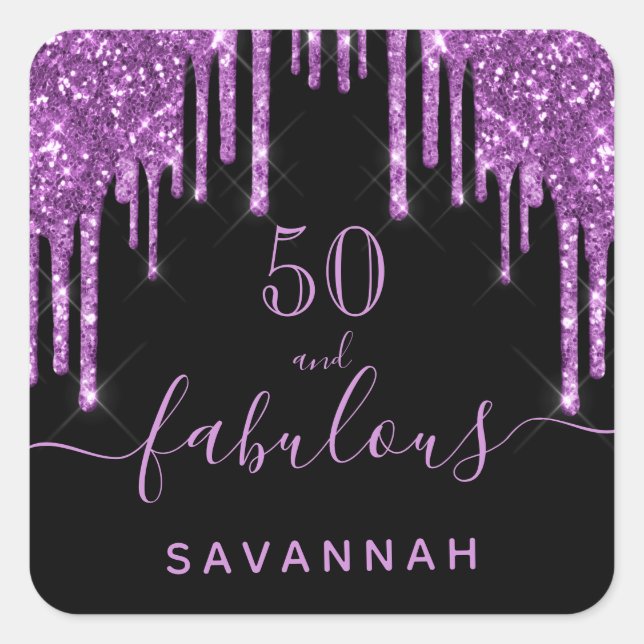 Fabulous birthday black purple glitter elegant 50 square sticker (Front)