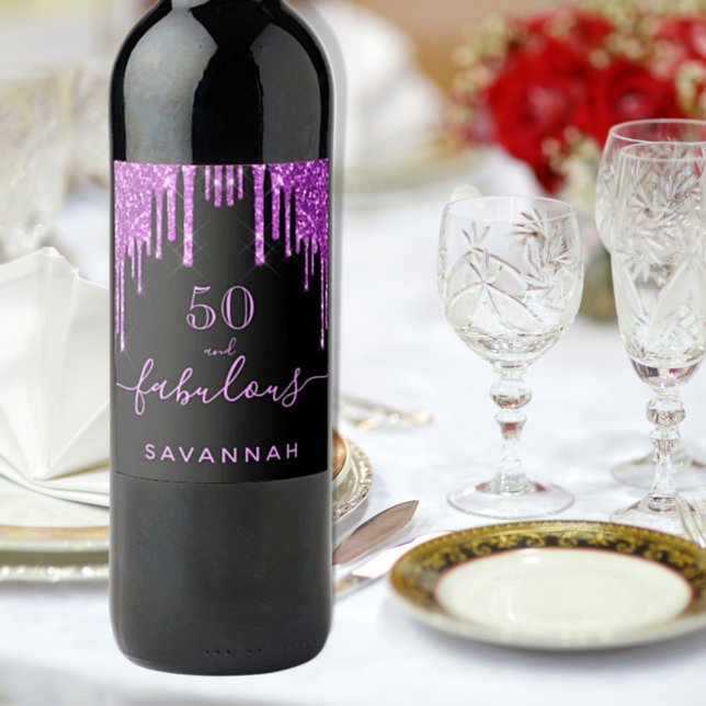 Fabulous birthday black purple glitter elegant 50 wine label (Creator Uploaded)