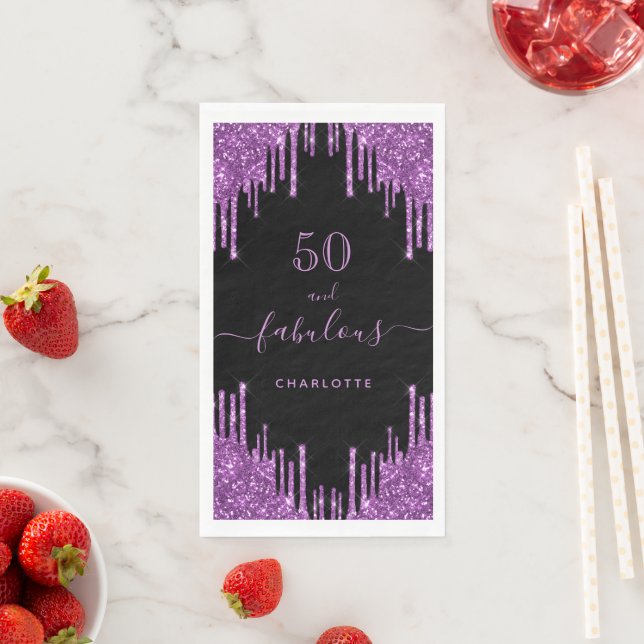 Fabulous birthday black purple glitter sparkle 50 napkin (Insitu)