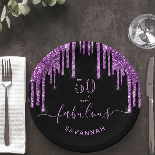 Fabulous birthday black purple glitter sparkle 50 paper plate