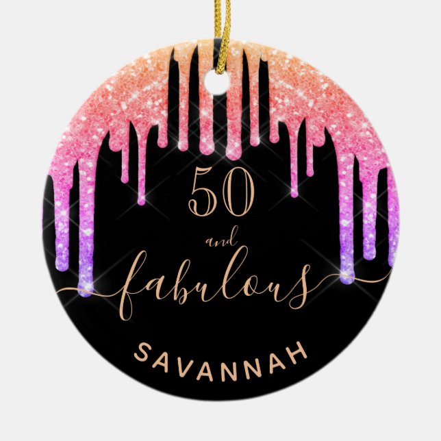 Fabulous birthday black rainbow glitter sparkle ceramic tree decoration (Front)
