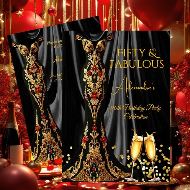 Fabulous Birthday Black Red Gold Dress Champagne Invitation (Creator Uploaded)