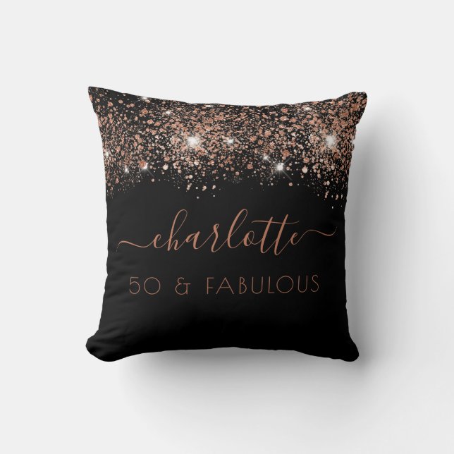 Fabulous birthday black rose gold glitter monogram cushion (Front)
