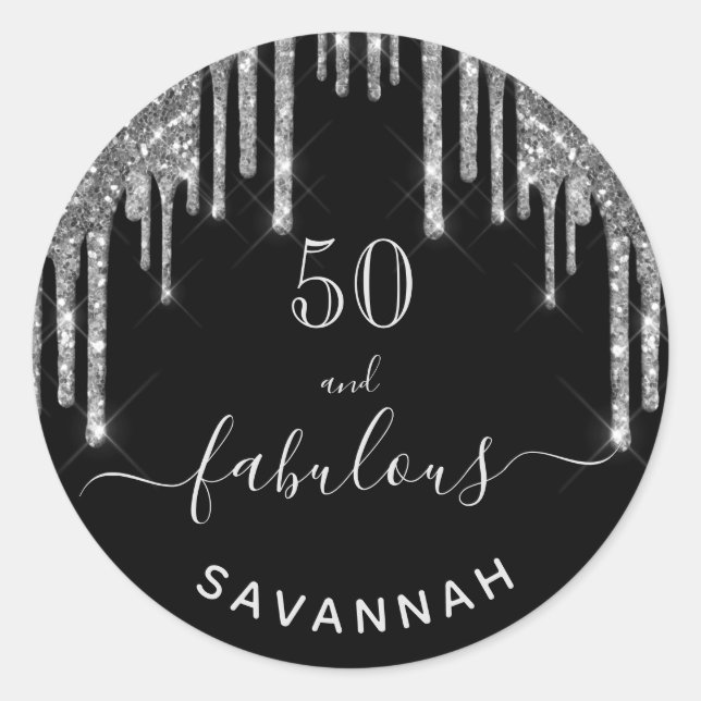 Fabulous birthday black silver glitter sparkle 50 classic round sticker (Front)