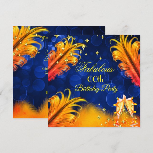 Fabulous Birthday Blue Gold Yellow Champagne Party Invitation (Front/Back)
