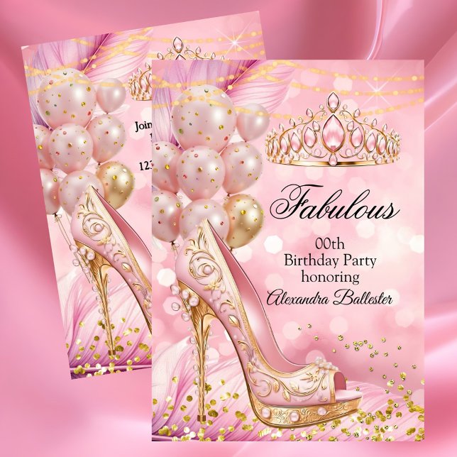 Fabulous birthday Blush Pink Tiara Gold Heel Invitation (Creator Uploaded)