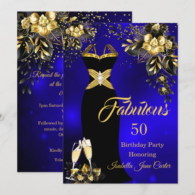 Fabulous Birthday Champagne Blue Gold Floral Invitation (Front/Back)