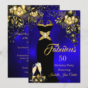Fabulous Birthday Champagne Blue Gold Floral Invitation