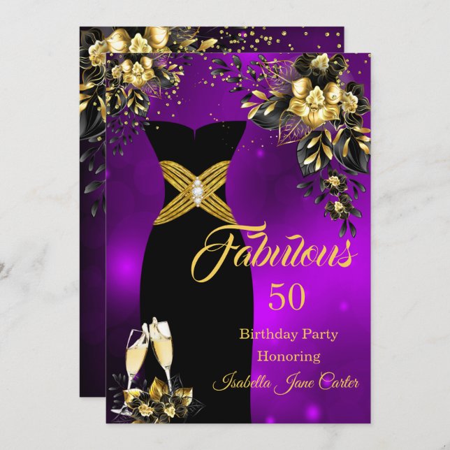 Fabulous Birthday Champagne Purple Gold Floral Invitation (Front/Back)