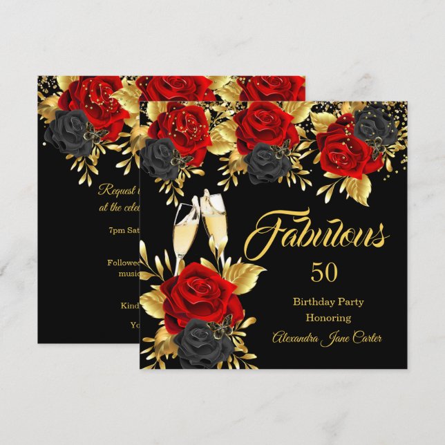 Fabulous Birthday Champagne Red Black Roses Gold  Invitation (Front/Back)