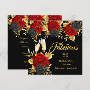 Fabulous Birthday Champagne Red Black Roses Gold  Invitation