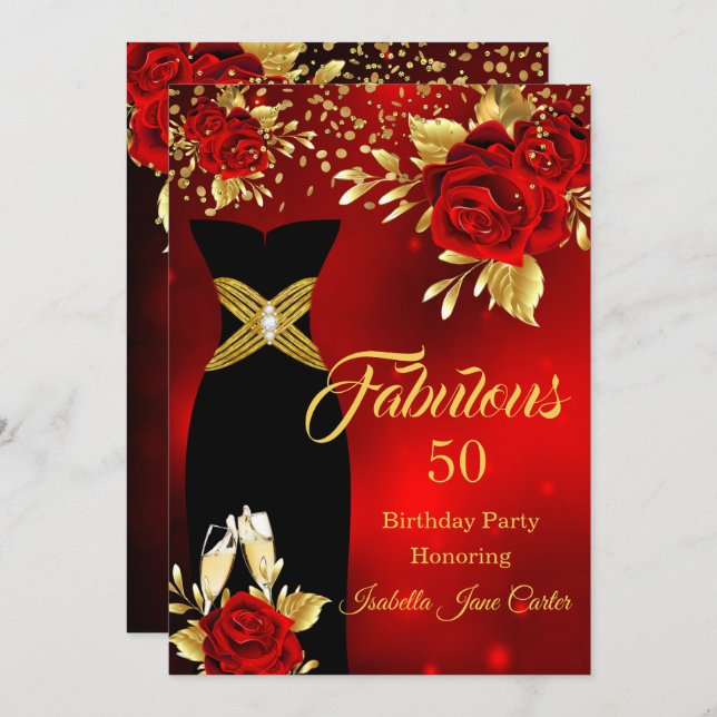 Fabulous Birthday Champagne Red Rose Gold Invitation (Front/Back)