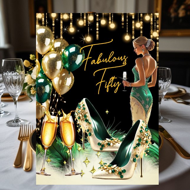 Fabulous Birthday Emerald Green Gold Cream Dress Invitation (Creator Uploaded)