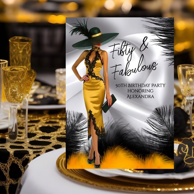 Fabulous Birthday Glamour Woman Black Gold feather Invitation (Creator Uploaded)