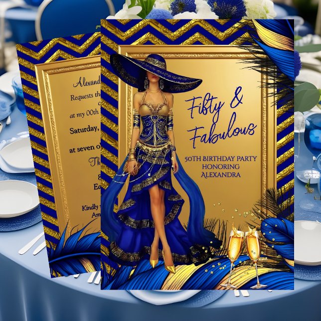 Fabulous Birthday Glamour Woman Blue Gold Feathers Invitation (Creator Uploaded)