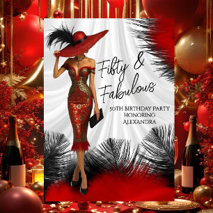 Fabulous Birthday Glamour Woman Red Black feathers Invitation