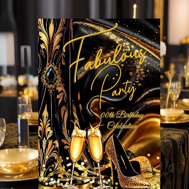 Fabulous Birthday Golden Heels Black Champagne Invitation (Creator Uploaded)