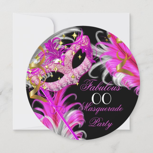 Fabulous Birthday Hot Pink Gold Masquerade Party Invitation (Front)
