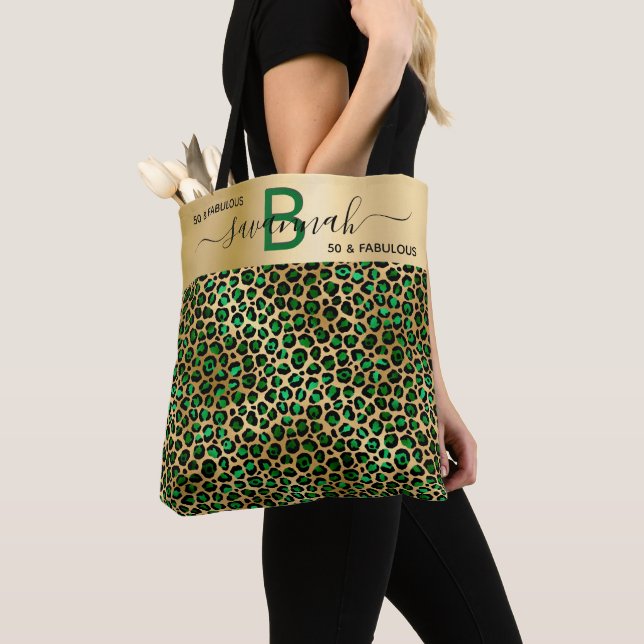 Fabulous birthday leopard emerald green gold name tote bag (Close Up)