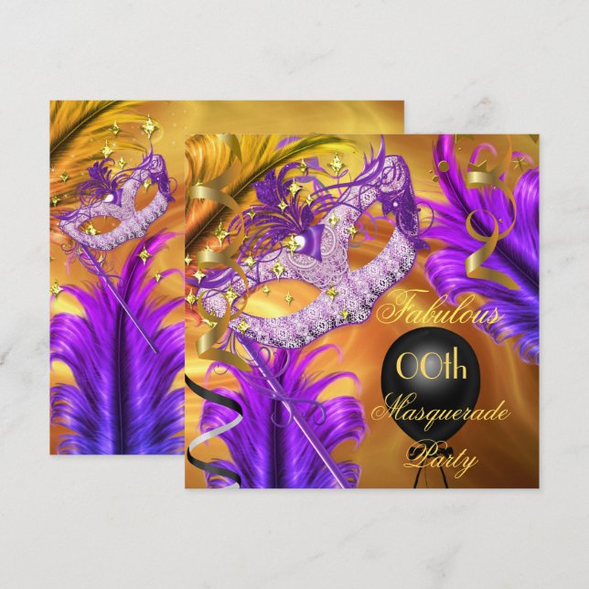 Fabulous Birthday Masquerade Party Purple Gold Invitation (Front/Back)