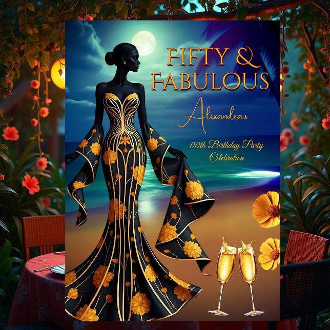 Fabulous Birthday Moonlight Beach Yellow Gold Blue Invitation (Creator Uploaded)