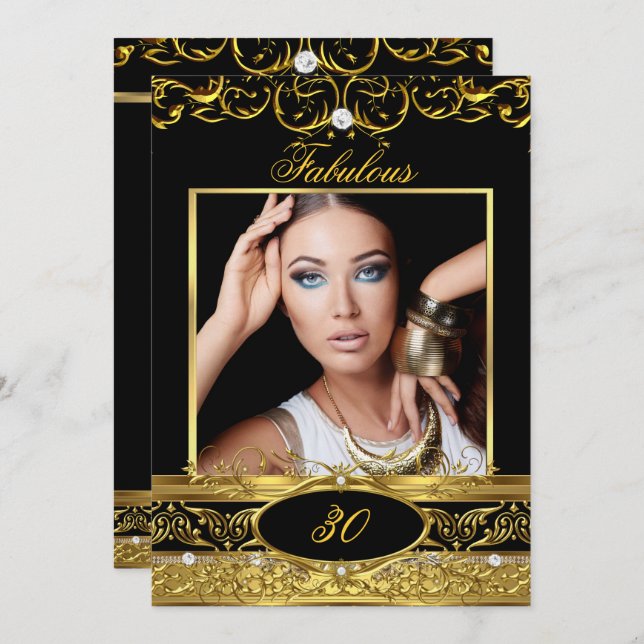 Fabulous Birthday Party Black Gold Floral Photo Invitation (Front/Back)